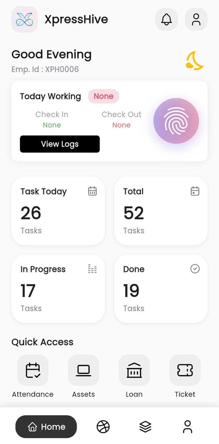 XpressHive HR dashboard showing attendance and payroll analytics