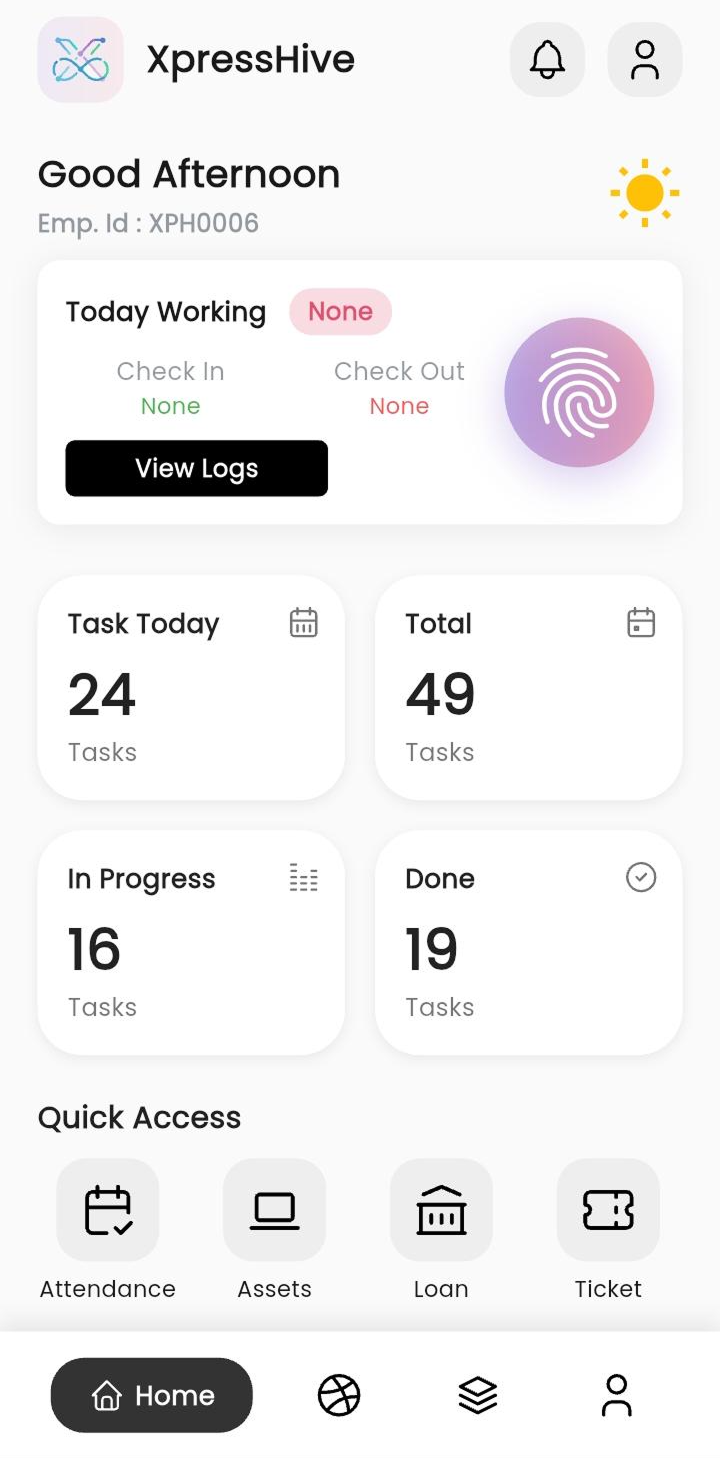 XpressHive HR dashboard showing attendance and payroll analytics
